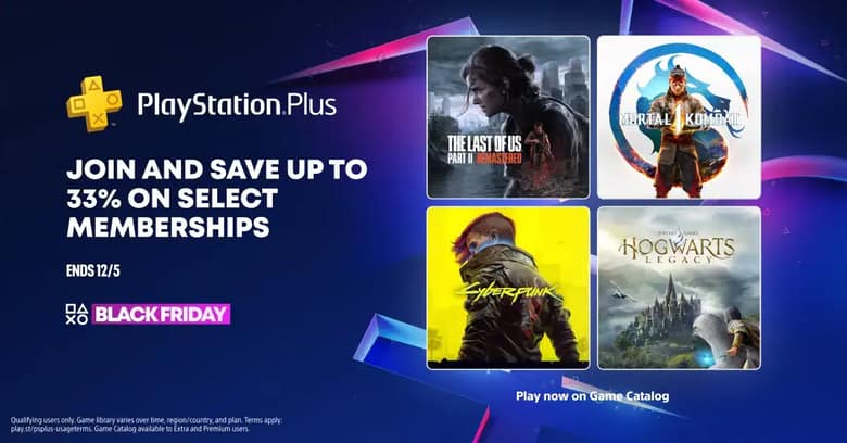 Bannière PlayStation Plus Black Friday : jusqu'à 33 % de remise sur les abonnements, avec Cyberpunk 2077 et Hogwarts Legacy au catalogue