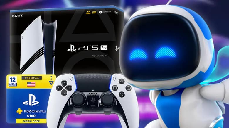 Console PS5 Pro, deux manettes DualSense blanches et une carte PlayStation Plus Premium, avec le robot Astro Bot