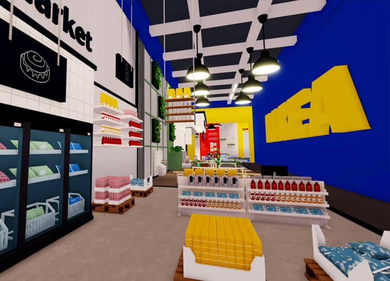 Reconstitution d'un magasin Ikea dans un jeu vidéo : rayons, éclairages et logo jaune sur mur bleu