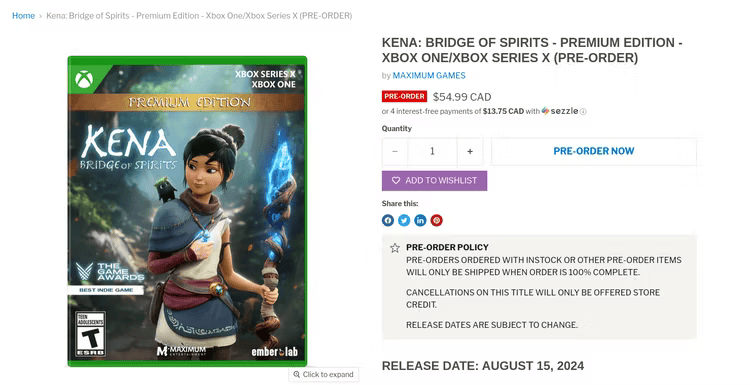 Fiche de précommande Xbox de Kena Bridge of Spirits en édition Premium, sortie annoncée au 15 août 2024