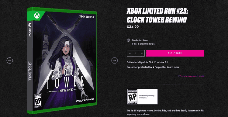 Page de précommande Xbox Limited Run n°23 pour Clock Tower Rewind, à 34,99 dollars