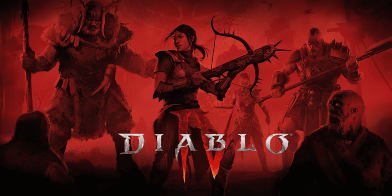 Diablo IV : le logo du jeu devant des personnages armés sur fond rouge sang