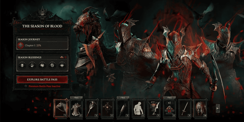 Diablo IV : l'écran du passe de combat de la Saison du Sang, avec ses paliers de récompenses