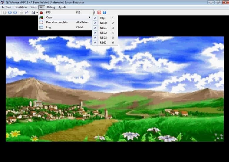 Interface de Qt Yabause, dont la barre de titre indique « A Beautiful And Under-rated Saturn Emulator », affichant un paysage de jeu Saturn