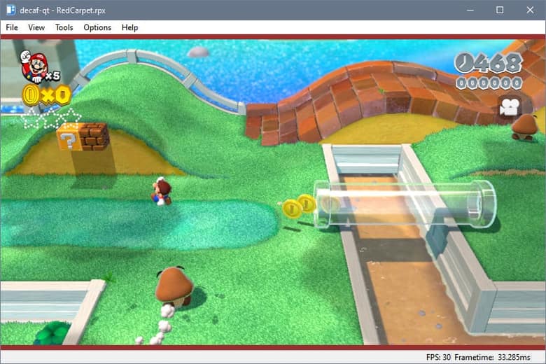Capture de l'émulateur Decaf faisant tourner Super Mario 3D World, le nom de fichier RedCarpet.rpx visible dans la barre de titre