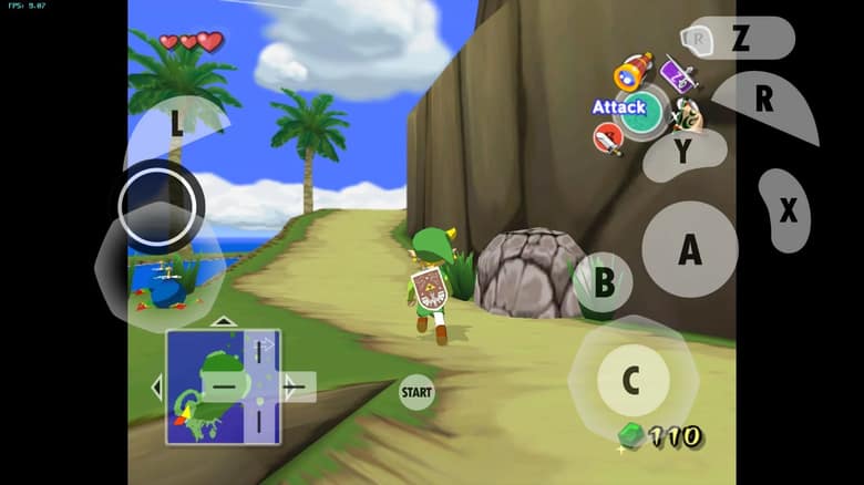 Dolphin sur Android affichant The Legend of Zelda: The Wind Waker, avec une manette tactile GameCube en surimpression et un compteur à 9 images par seconde
