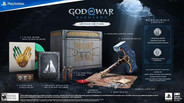 God of War Ragnarök Jötnar Edition : le vinyle, le steelbook, la réplique du marteau et les autres objets du coffret