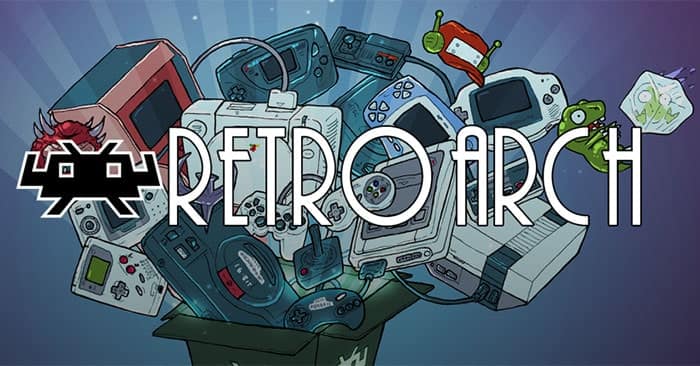 Logo RetroArch entouré de consoles rétro dessinées : NES, Game Boy et manettes