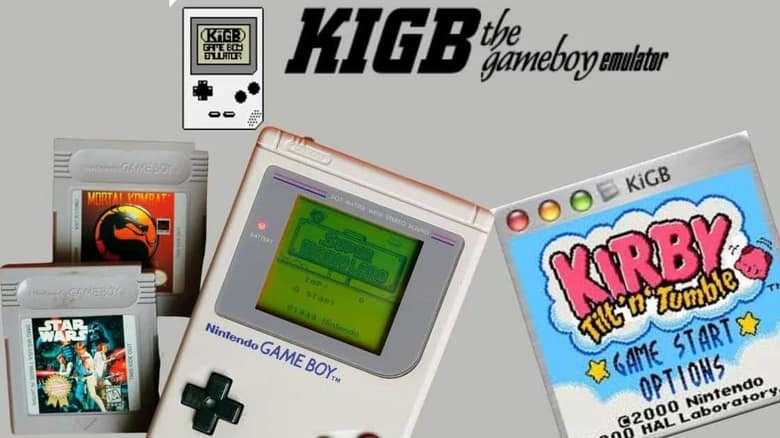 Logo KiGB, « the gameboy emulator », à côté de cartouches Game Boy