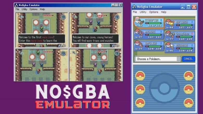Fenêtres de l'émulateur No$GBA affichant deux jeux