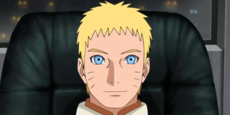 Naruto adulte en tenue de Hokage, assis dans son bureau