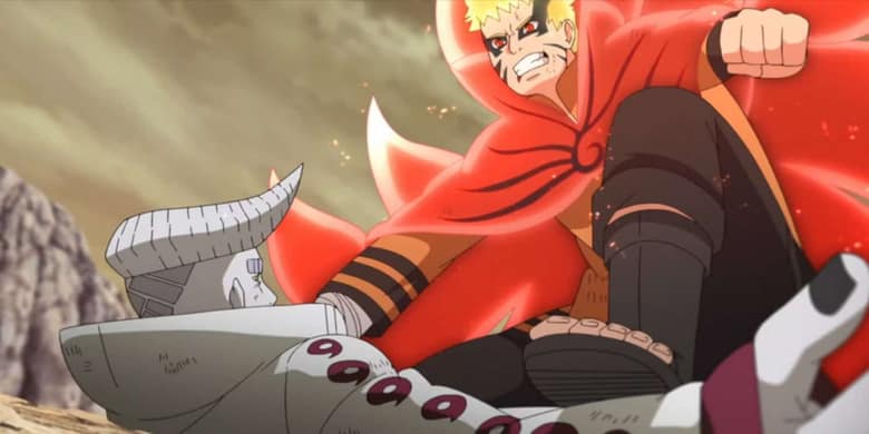 Naruto en mode Baryon, cape rouge et marques faciales, poing serré