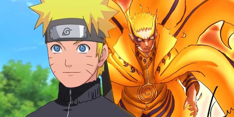 Naruto devant la silhouette de Kurama, le démon-renard à neuf queues