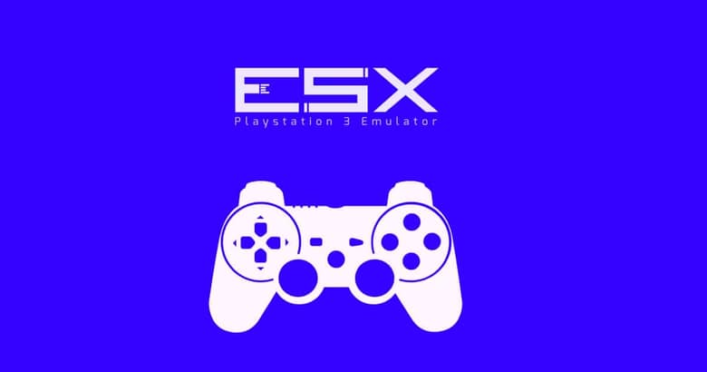 Logo ESX en lettres blanches sur fond bleu vif, sous-titré « Playstation 3 Emulator », avec une manette DualShock 3 blanche
