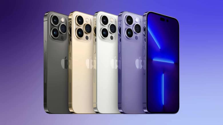 La gamme iPhone 14 Pro dans ses quatre coloris, sur fond violet