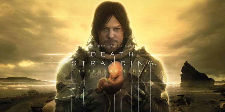 Death Stranding Director's Cut : Sam Porter Bridges tient un bébé dans un pod, face à un rivage au crépuscule
