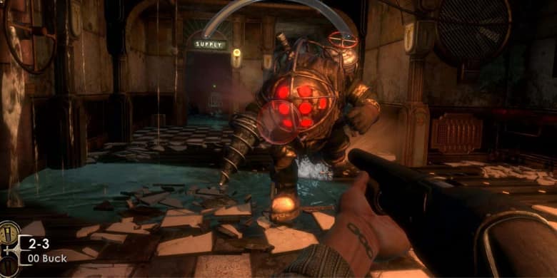BioShock : un Protecteur affronté au fusil à pompe dans un couloir inondé de Rapture