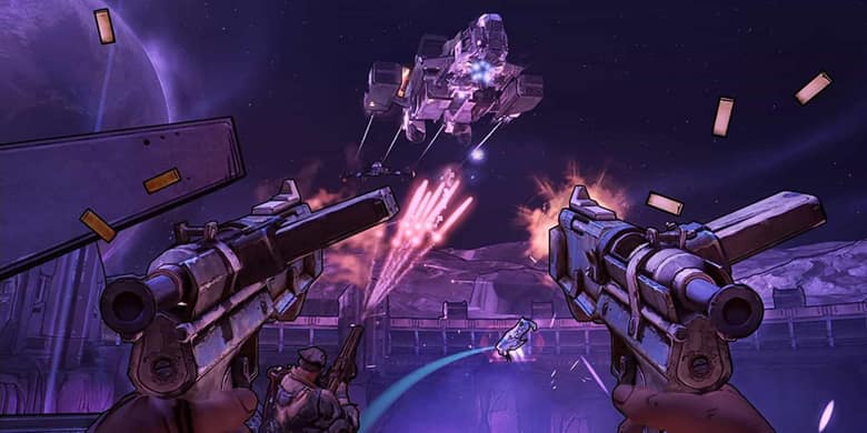Borderlands : tir à deux armes sur un robot volant, dans le style bande dessinée du jeu