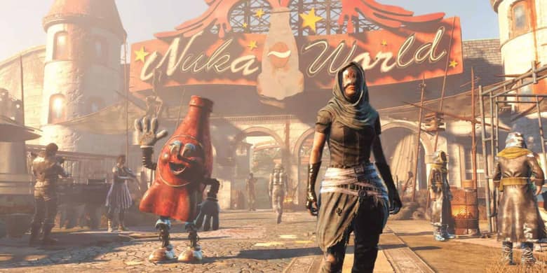 Fallout 4 Nuka-World : l'entrée du parc d'attractions et sa mascotte bouteille de Nuka-Cola