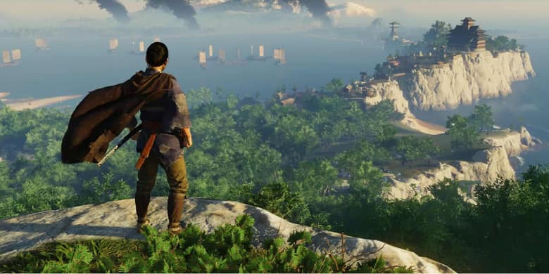 Horizon Forbidden West ou jeu d'aventure : un explorateur en cape domine une vallée boisée