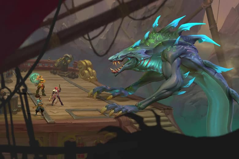 Ruined King A League of Legends Story : l'équipe affronte un serpent de mer sur une épave