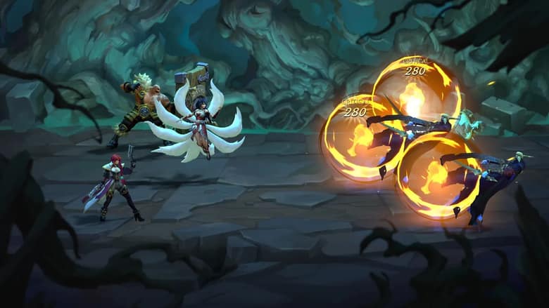 Ruined King : Illaoi frappe des ennemis, les dégâts s'affichent en cercles dorés