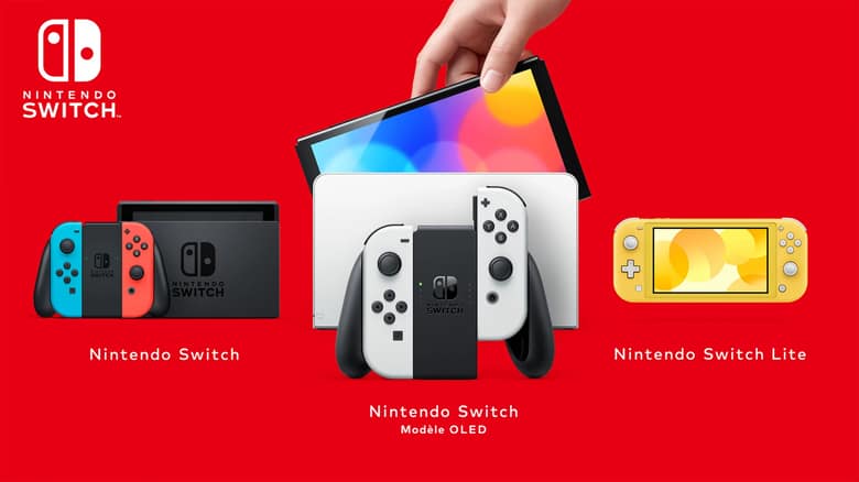 Les trois modèles de Nintendo Switch sur fond rouge : Switch, Switch OLED et Switch Lite