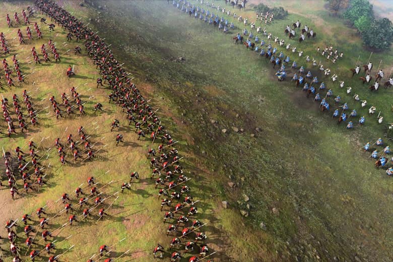 Age of Empires IV : deux armées médiévales alignées s'apprêtent à s'entrechoquer