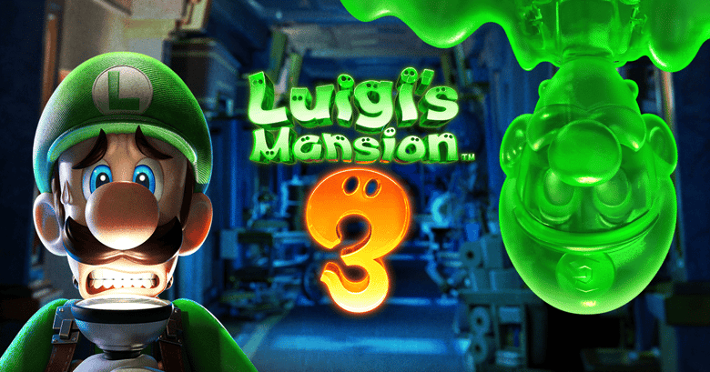 Luigi's Mansion 3 : Luigi terrifié à côté de Gluigi, son double gluant vert