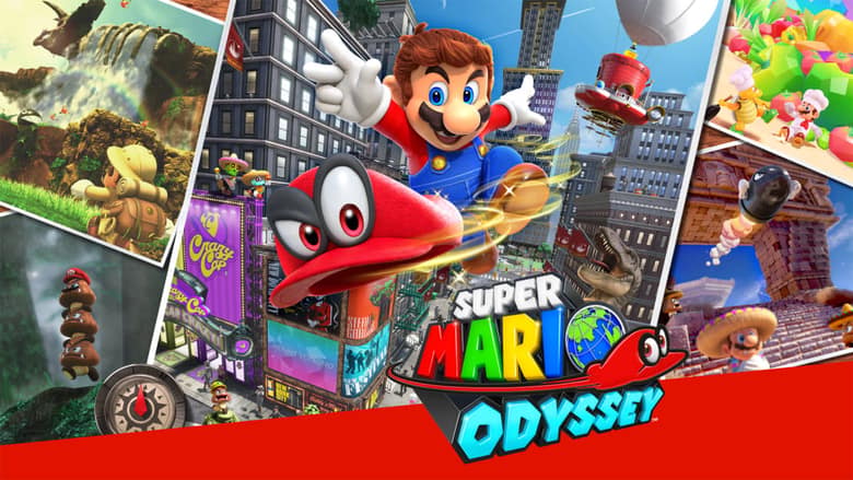 Jaquette de Super Mario Odyssey : Mario lance sa casquette Cappy au-dessus d'une ville