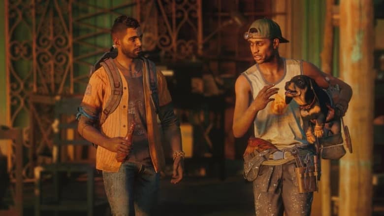 Far Cry 6 : deux guérilleros et leur chien dans une ruelle de Yara