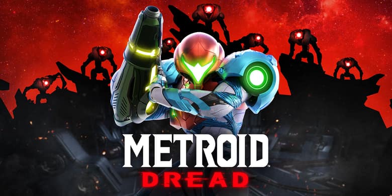 Metroid Dread : Samus Aran en armure, canon-bras levé, devant les silhouettes rouges des robots E.M.M.I.