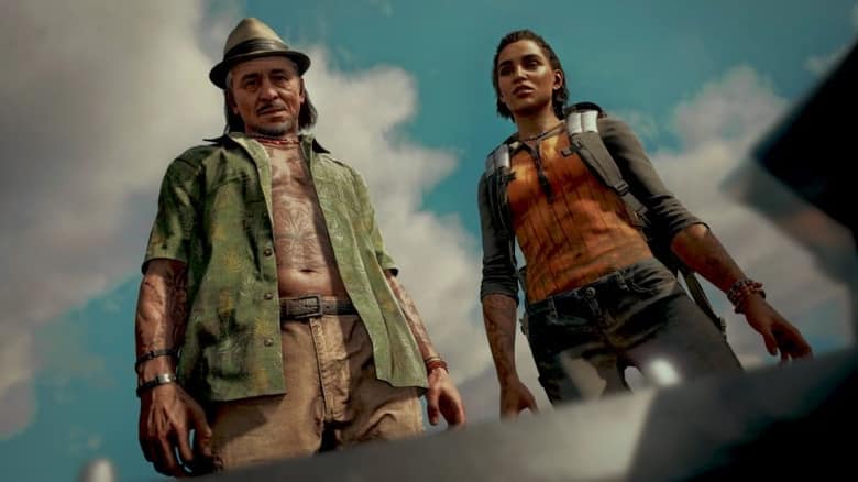 Far Cry 6 : Antón Castillo et Dani Rojas côte à côte devant un ciel nuageux