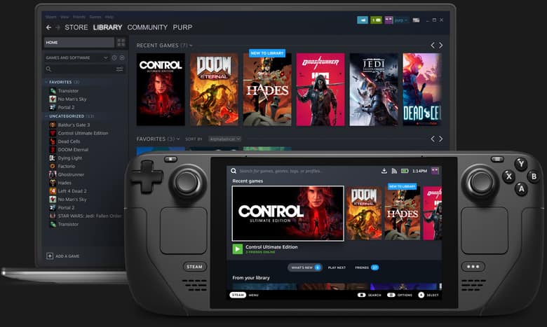 Steam Deck devant l'interface Steam sur ordinateur, bibliothèque de jeux affichée