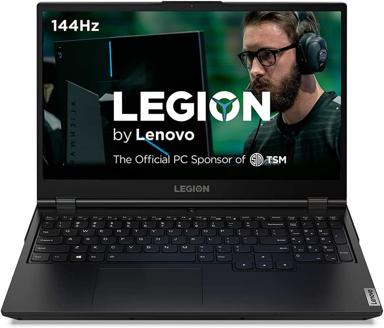 Publicité Lenovo Legion 5 : un joueur casqué à l'écran, mention 144 Hz et logo TSM