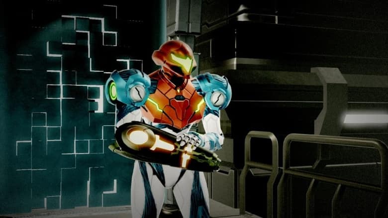 Metroid Dread : Samus Aran en armure dans un couloir bleuté de la station
