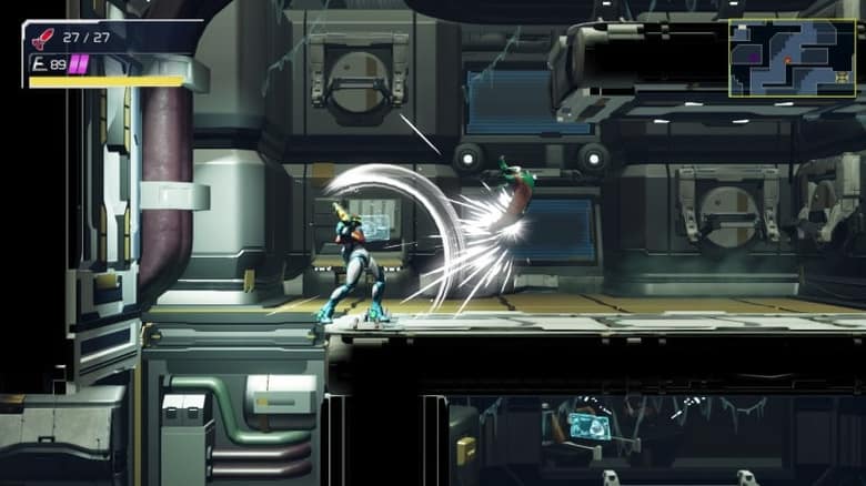 Metroid Dread : Samus exécute une contre-attaque dans un décor industriel, en vue de côté