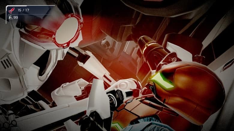 Metroid Dread : gros plan sur Samus lors d'une séquence de contre-attaque