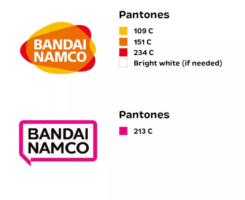 Charte du logo Bandai Namco : les références Pantone de l'ancienne et de la nouvelle version