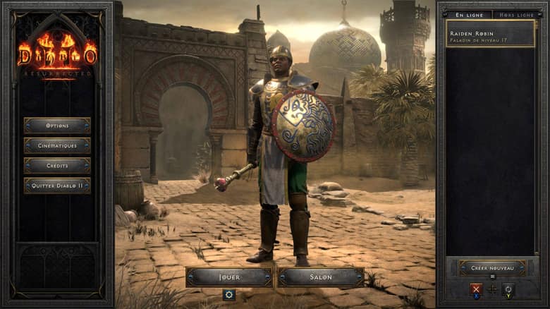 Diablo II Resurrected : le menu principal, un personnage de face et l'écran de connexion