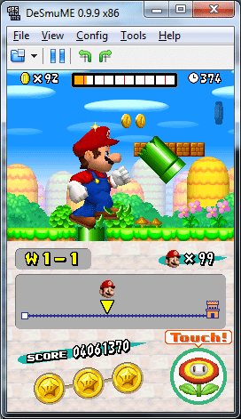 L’émulateur DeSmuME sous Windows affichant New Super Mario Bros. sur les deux écrans de la Nintendo DS