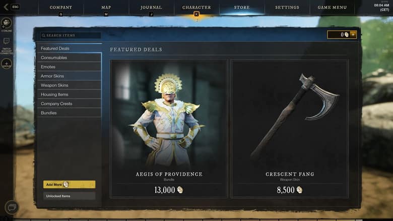New World : la boutique du jeu, avec une armure et une hache proposées contre des pièces