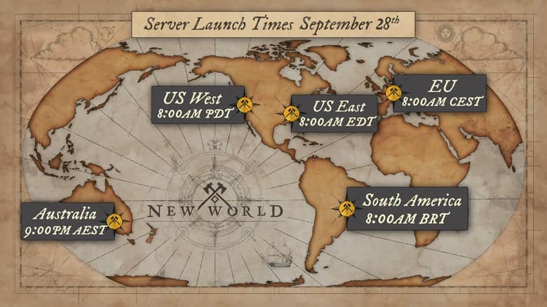 New World : carte du monde annonçant les heures d'ouverture des serveurs par région