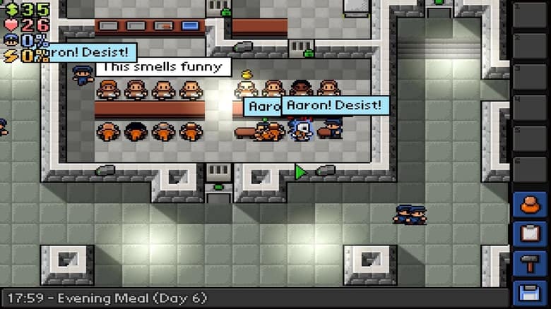 The Escapists : une cantine de prison en pixel art, avec les bulles de dialogue des détenus