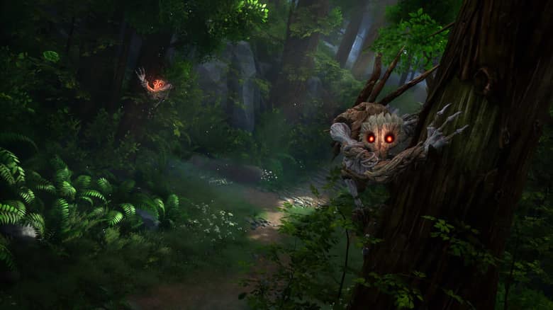 Kena Bridge of Spirits : une créature aux yeux rouges tapie contre un arbre de la forêt
