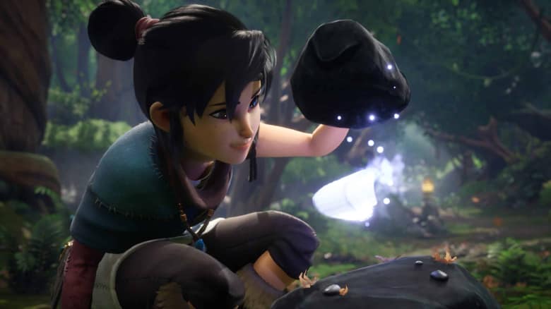Kena Bridge of Spirits : Kena tend la main vers un esprit lumineux dans la forêt