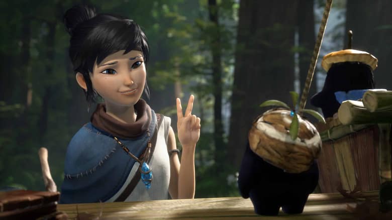 Kena Bridge of Spirits : Kena sourit à côté de deux Rot coiffés de seaux
