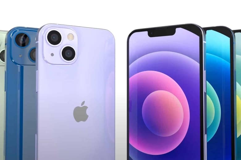 iPhone 13 et iPhone 13 mini de dos et de face, dans plusieurs coloris