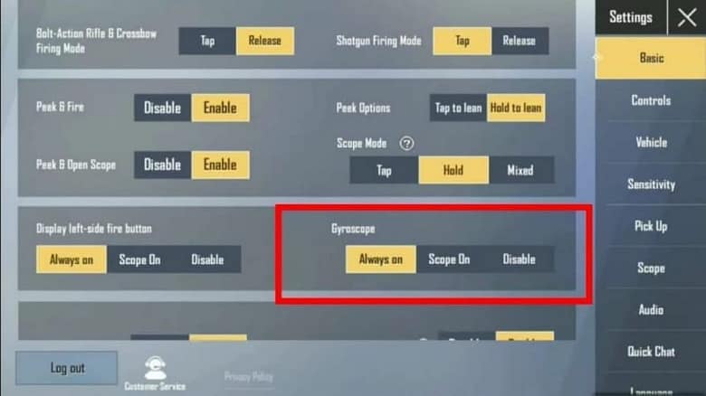 Réglages de PUBG Mobile : l'option gyroscope entourée en rouge, réglée sur « Always on »