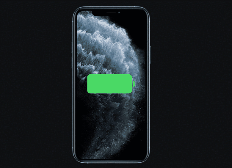 iPhone avec une icône de batterie verte au centre de l'écran, illustrant l'autonomie